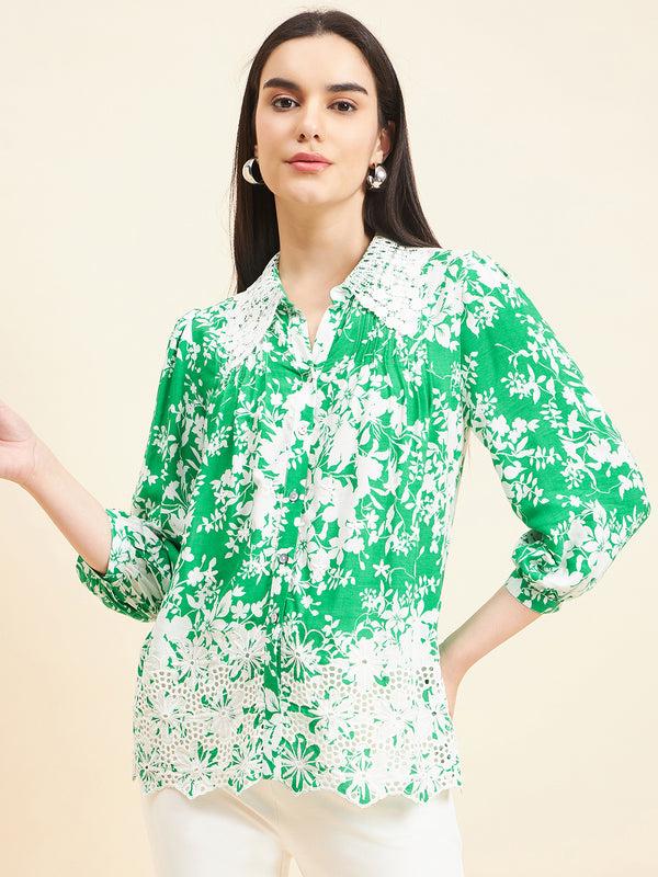 Gipsy Gipsy Women Printed Lace Rayon Green Shirt Green