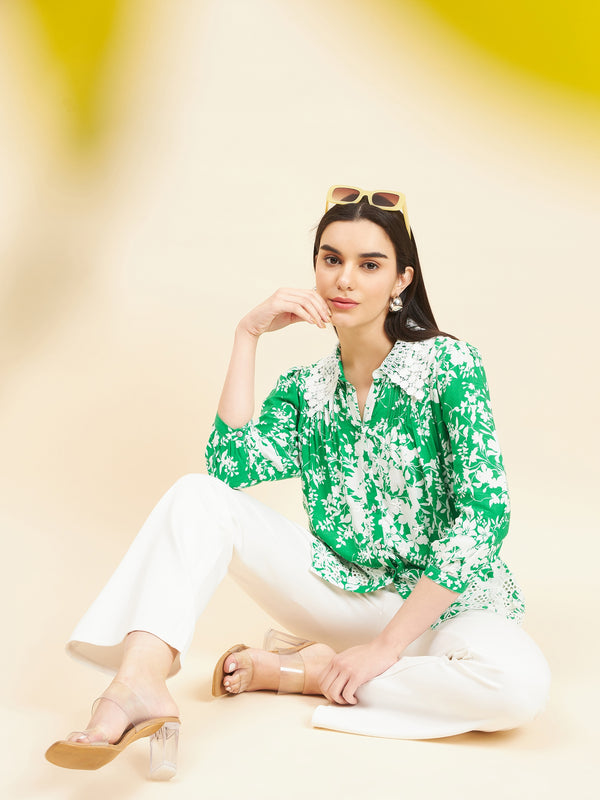 gipsy Gipsy Women Printed Lace Rayon Green Shirt Green