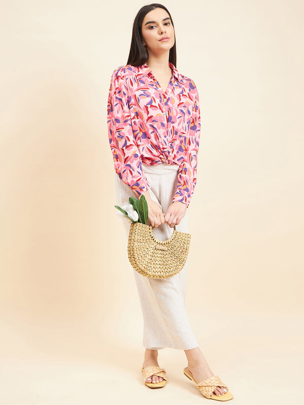 Gipsy Gipsy Women Printed Waist Band With Elastic Crop Rayon Pink Top Pink