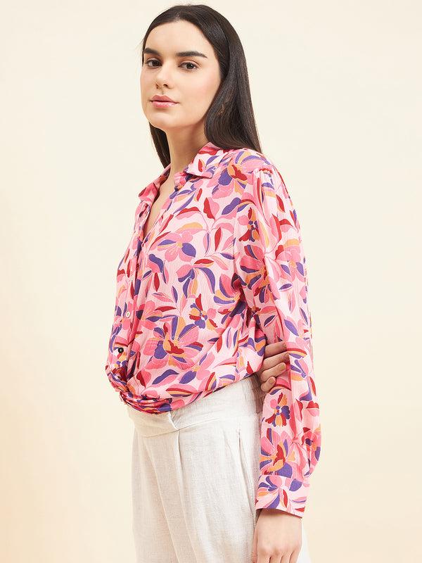 Gipsy Gipsy Women Printed Waist Band With Elastic Crop Rayon Pink Top Pink