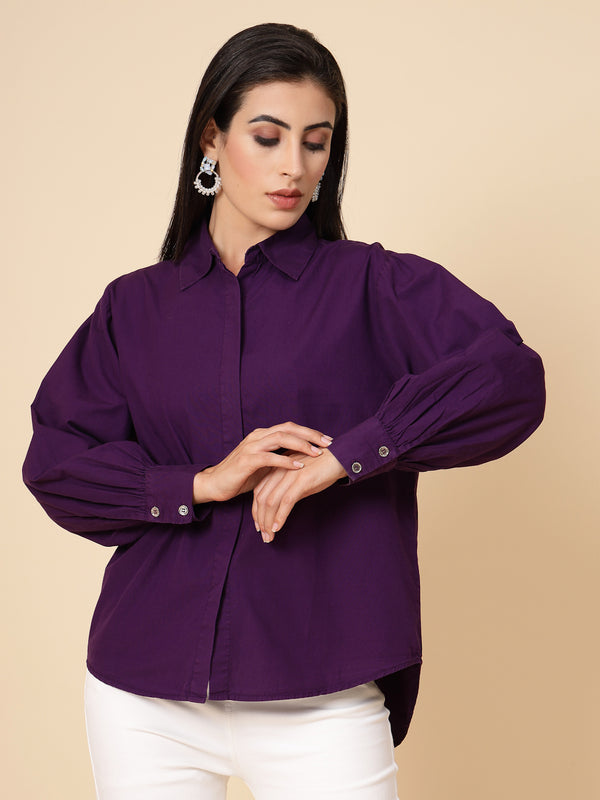 Gipsy Gipsy Women Purple Solid Cotton Bishop Full Sleeve Collared Neck Shirt Purple