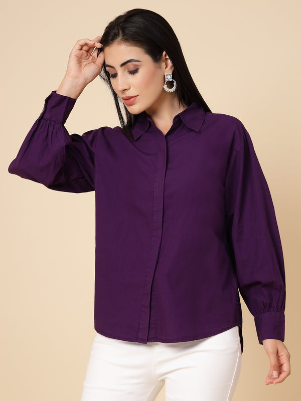 Gipsy Gipsy Women Purple Solid Cotton Bishop Full Sleeve Collared Neck Shirt Purple