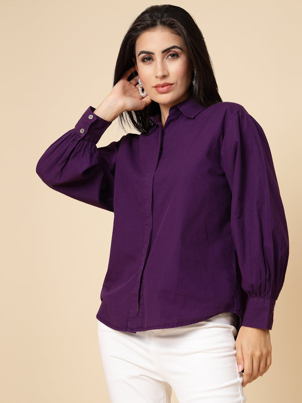 gipsy Gipsy Women Purple Solid Cotton Bishop Full Sleeve Collared Neck Shirt Purple