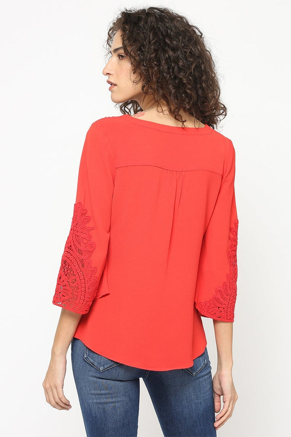 Gipsy Gipsy Women Red V Neck 3/4 Quarter Sleeves Tunic Red