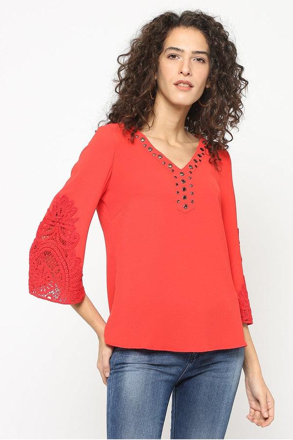 gipsy Gipsy Women Red V Neck 3/4 Quarter Sleeves Tunic Red
