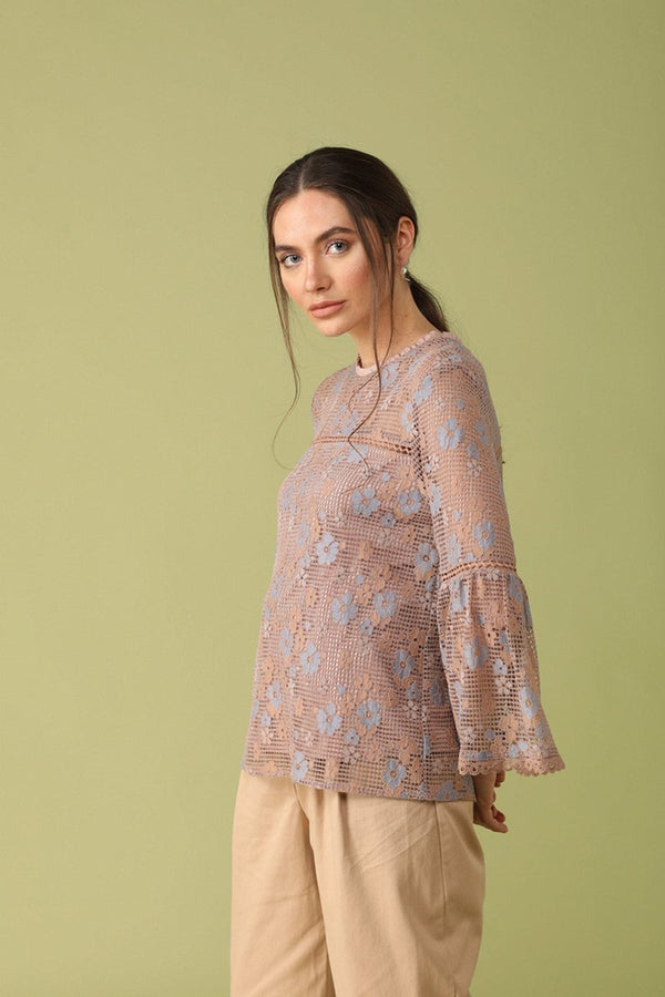 Gipsy Gipsy Women Round Neck Long Sleeves Self Design Khaki Color Tops Khaki