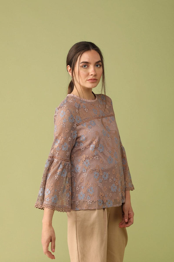 Gipsy Gipsy Women Round Neck Long Sleeves Self Design Khaki Color Tops Khaki