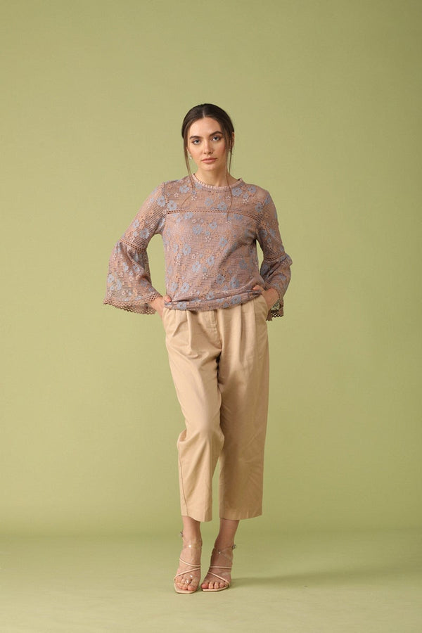 gipsy Gipsy Women Round Neck Long Sleeves Self Design Khaki Color Tops Khaki