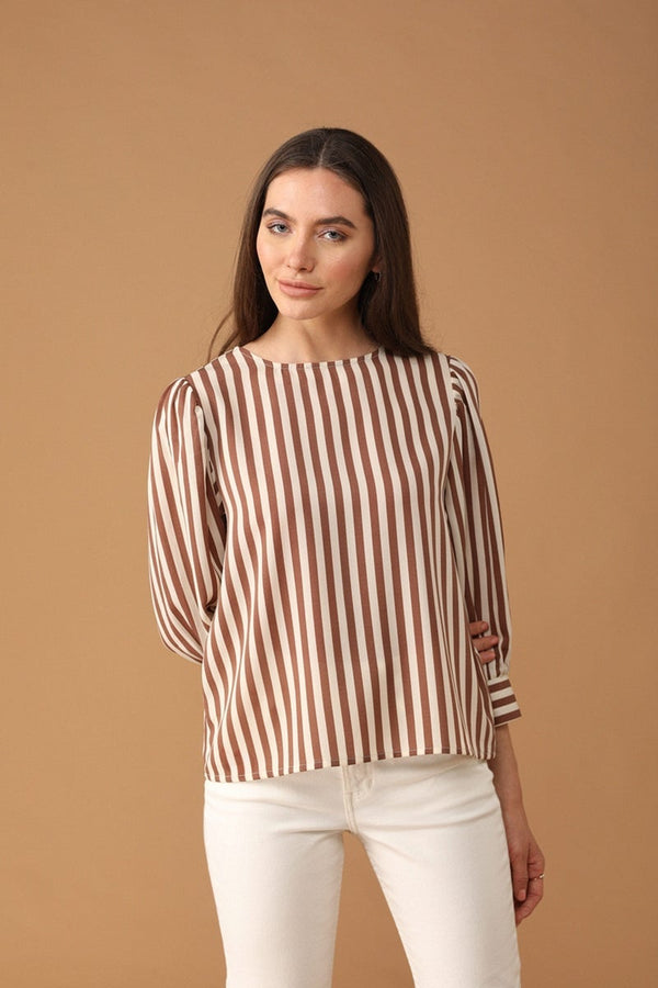 Gipsy Gipsy Women Round Neck Long Sleeves Striped Mocca Color Tops Mocca