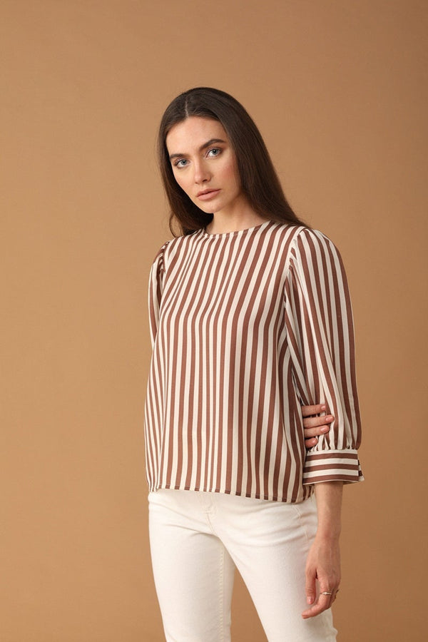 Gipsy Gipsy Women Round Neck Long Sleeves Striped Mocca Color Tops Mocca