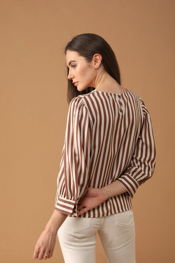 Gipsy Gipsy Women Round Neck Long Sleeves Striped Mocca Color Tops Mocca