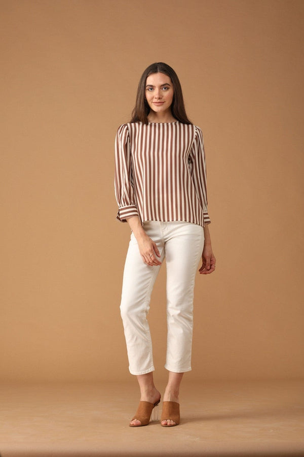 gipsy Gipsy Women Round Neck Long Sleeves Striped Mocca Color Tops Mocca