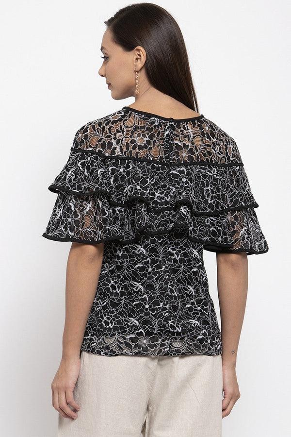 Gipsy Gipsy Women Round Neck No Sleeves Self Design Black-White Color Tops Black/White