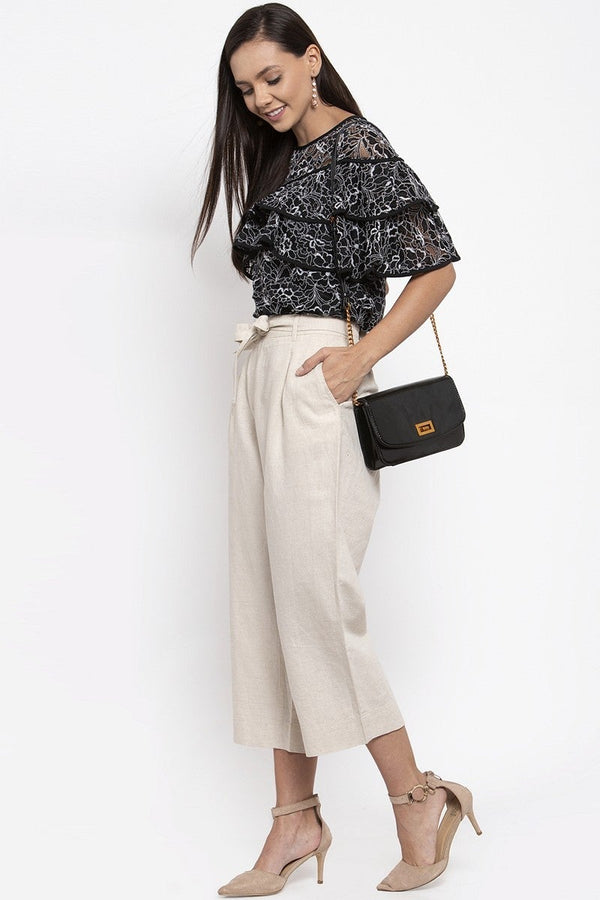 Gipsy Gipsy Women Round Neck No Sleeves Self Design Black-White Color Tops Black/White