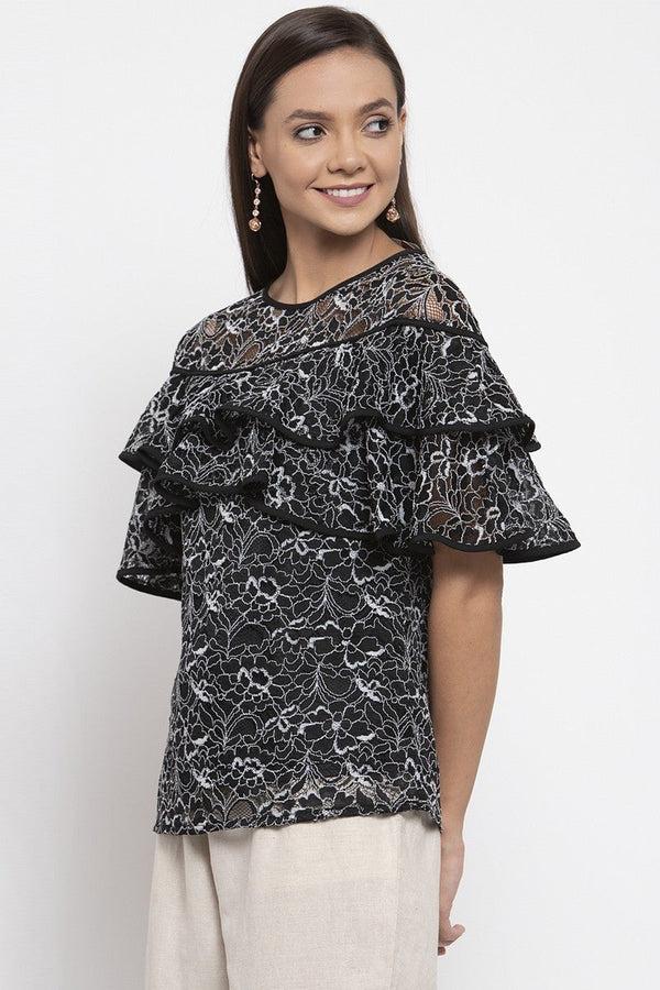 Gipsy Gipsy Women Round Neck No Sleeves Self Design Black-White Color Tops Black/White