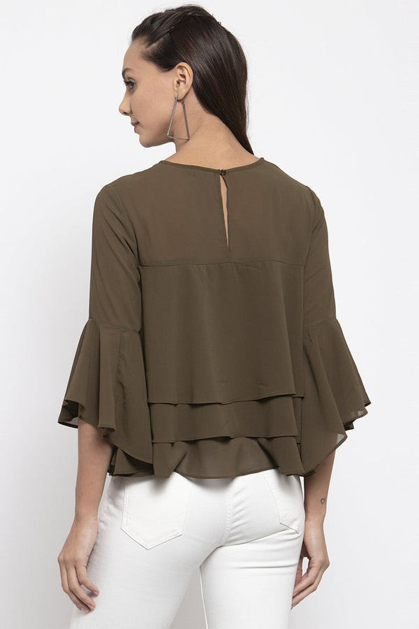 Gipsy Gipsy Women Round Neck Short Sleeves Solid Olive Color Tops Olive