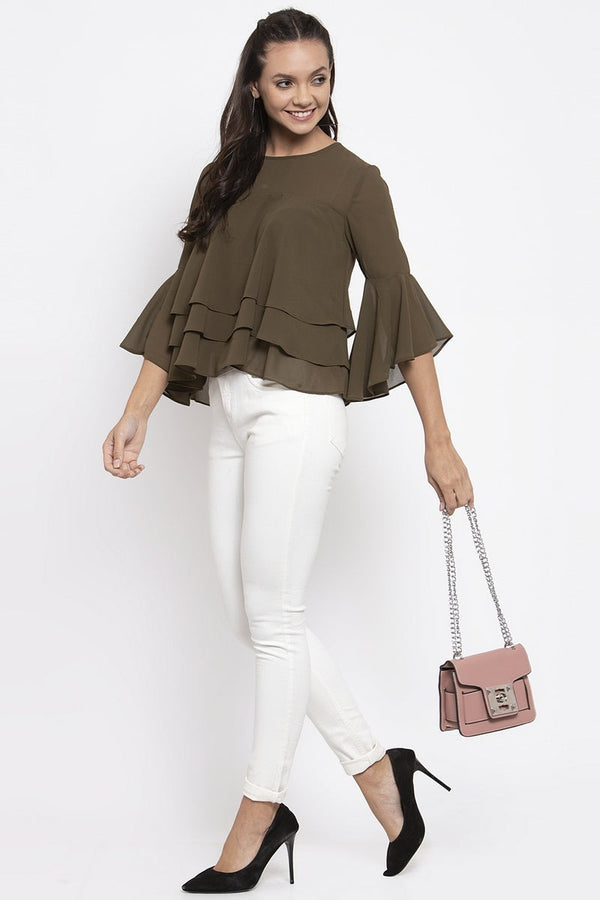 gipsy Gipsy Women Round Neck Short Sleeves Solid Olive Color Tops Olive