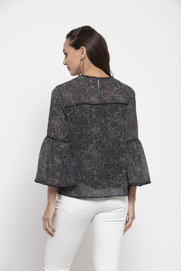 Gipsy Gipsy Women Round Neck Three-Quarter Sleeves Self Design Black Print Color Tops Black Print