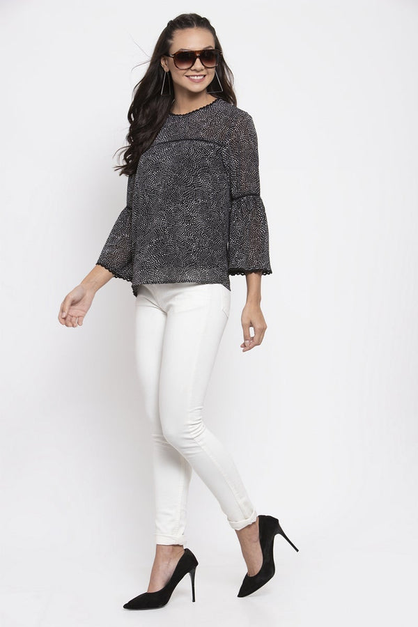 Gipsy Gipsy Women Round Neck Three-Quarter Sleeves Self Design Black Print Color Tops Black Print