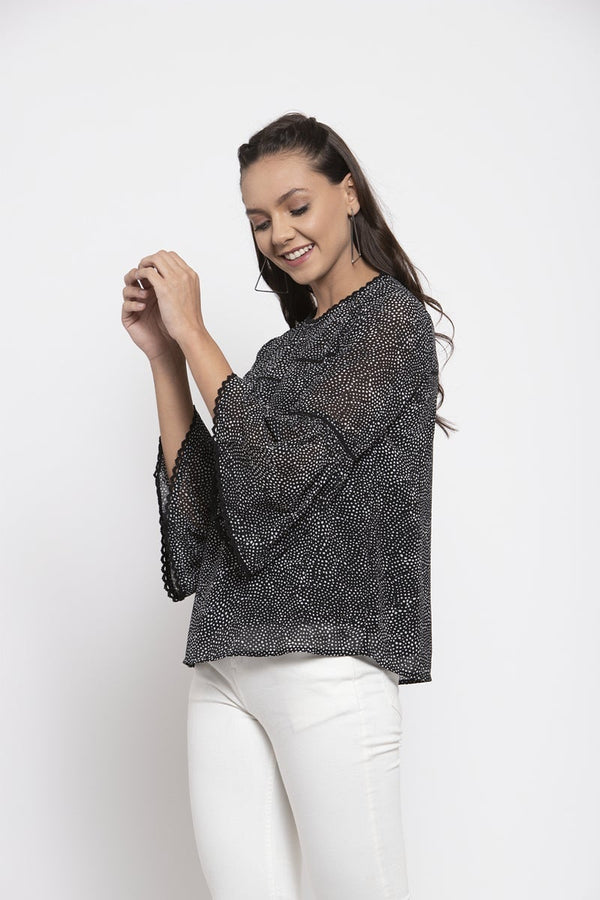 gipsy Gipsy Women Round Neck Three-Quarter Sleeves Self Design Black Print Color Tops Black Print