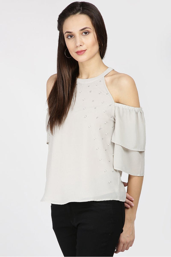 Gipsy Gipsy Women Silver Grey Round Neck Should Off Half Sleeves Top Silver Grey