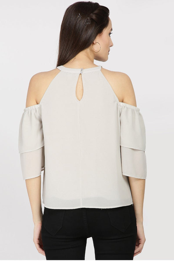 Gipsy Gipsy Women Silver Grey Round Neck Should Off Half Sleeves Top Silver Grey