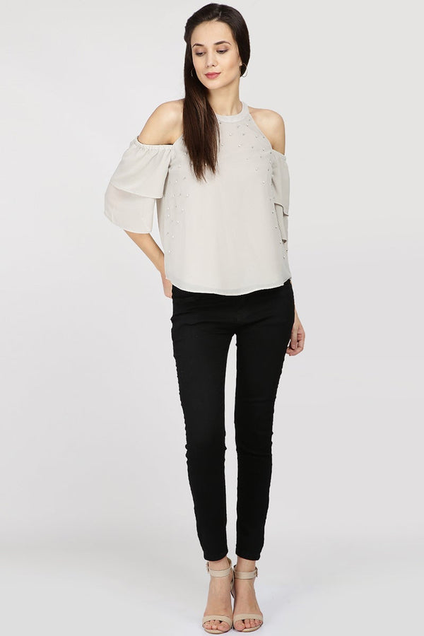 Gipsy Gipsy Women Silver Grey Round Neck Should Off Half Sleeves Top Silver Grey