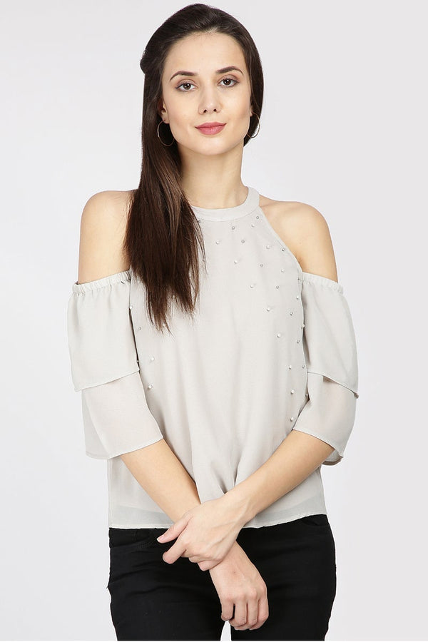 gipsy Gipsy Women Silver Grey Round Neck Should Off Half Sleeves Top Silver Grey
