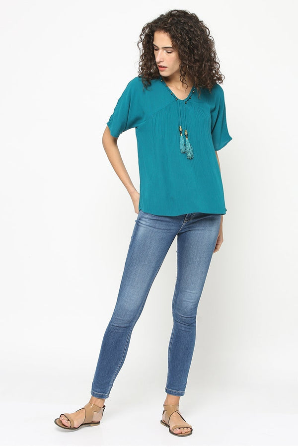 Gipsy Gipsy Women Teal V Neck Half Sleeves Top Teal