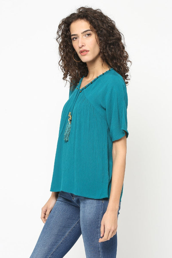 Gipsy Gipsy Women Teal V Neck Half Sleeves Top Teal