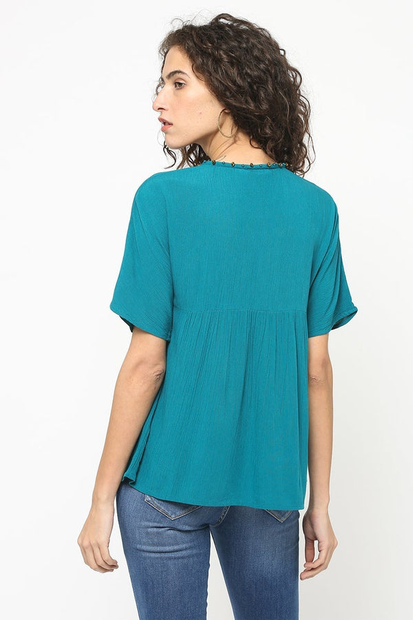 Gipsy Gipsy Women Teal V Neck Half Sleeves Top Teal