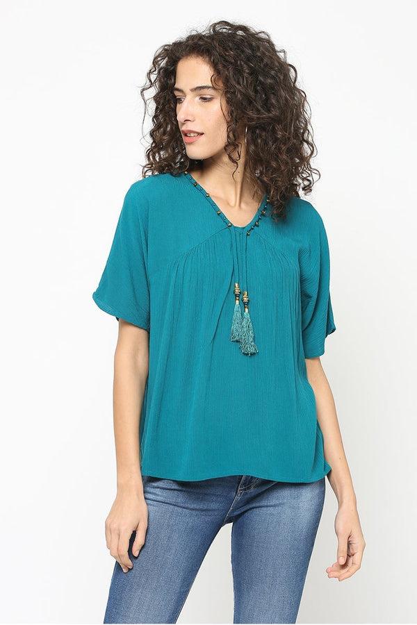 gipsy Gipsy Women Teal V Neck Half Sleeves Top Teal