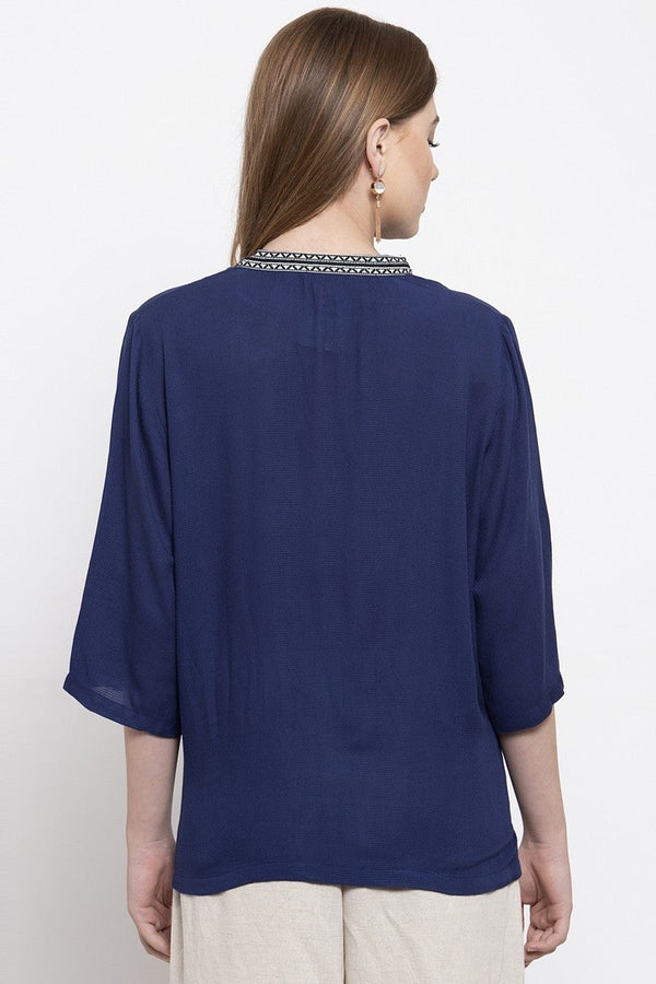 Gipsy Gipsy Women Tie Up Collar 3 By 4 Sleeves Navy Tunic Navy