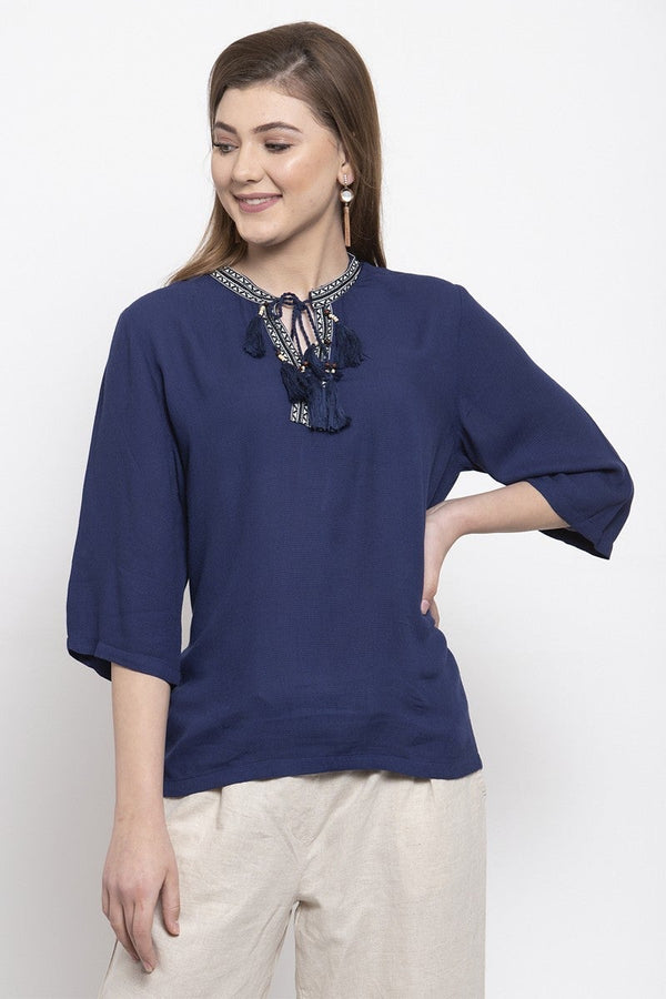 Gipsy Gipsy Women Tie Up Collar 3 By 4 Sleeves Navy Tunic Navy