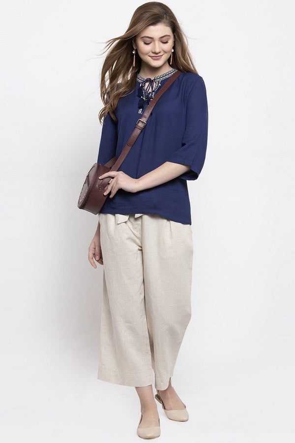 gipsy Gipsy Women Tie Up Collar 3 By 4 Sleeves Navy Tunic Navy