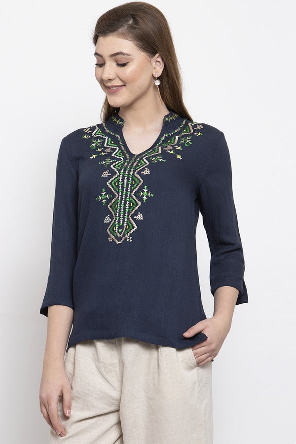 Gipsy Gipsy Women V Neck 3 By 4 Sleeves Navy Tunic Navy