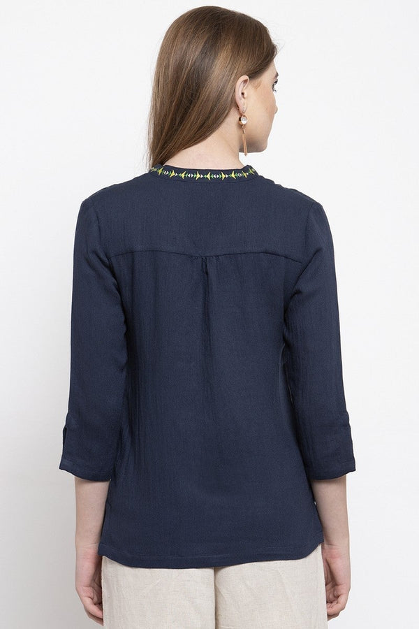 Gipsy Gipsy Women V Neck 3 By 4 Sleeves Navy Tunic Navy