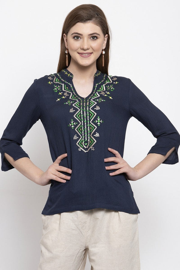 Gipsy Gipsy Women V Neck 3 By 4 Sleeves Navy Tunic Navy