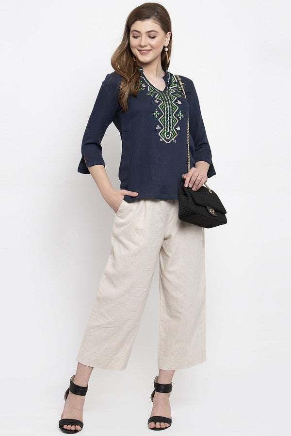 gipsy Gipsy Women V Neck 3 By 4 Sleeves Navy Tunic Navy