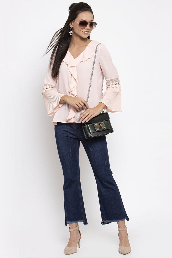 Gipsy Gipsy Women V-Neck Long Sleeves Solid Blush Pink Color Tops Blush Pink