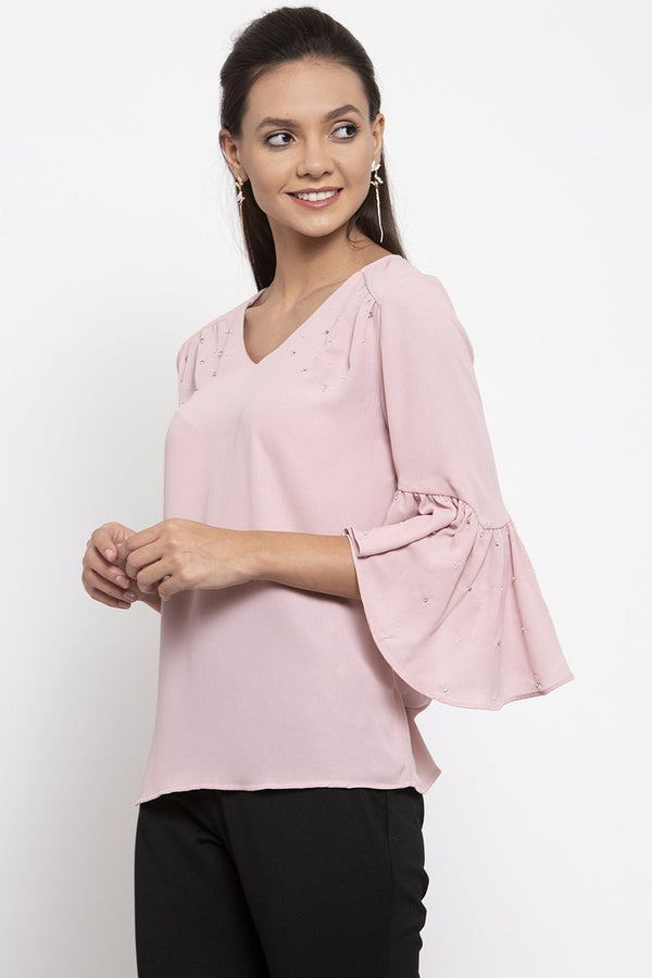 Gipsy Gipsy Women V-Neck Three-Quarter Sleeves Solid Dusky Pink Color Tops Dusky Pink