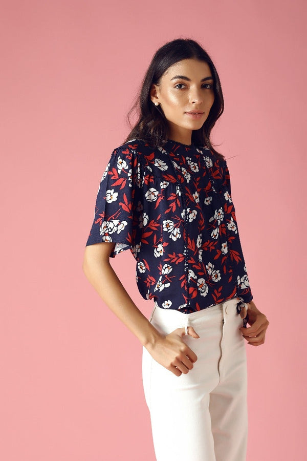 Gipsy GIPSY Womens Crew Neck Lace Trimming Floral Printed Top Blue