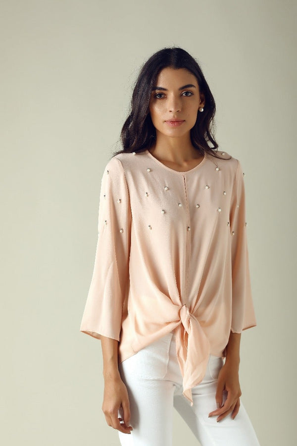 Gipsy GIPSY Womens Key Hole Neck Embellished Top Apricot