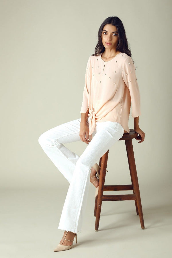 gipsy GIPSY Womens Key Hole Neck Embellished Top Apricot