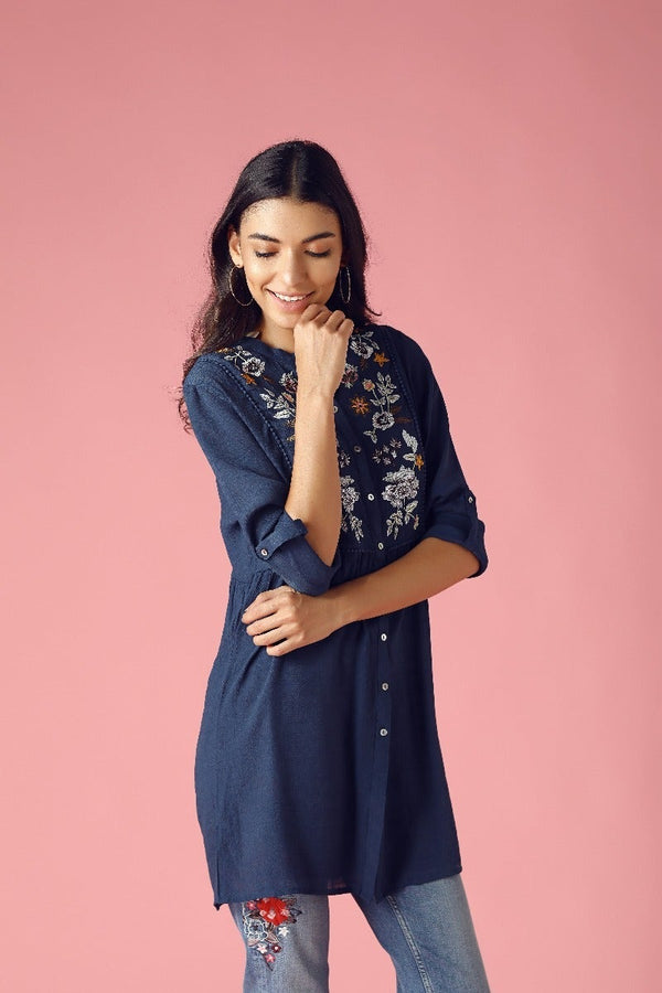 Gipsy GIPSY Womens Mandarin Collar Embellished Tunic Blue