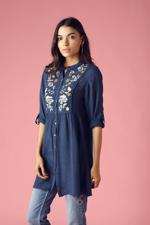 Gipsy GIPSY Womens Mandarin Collar Embellished Tunic Blue