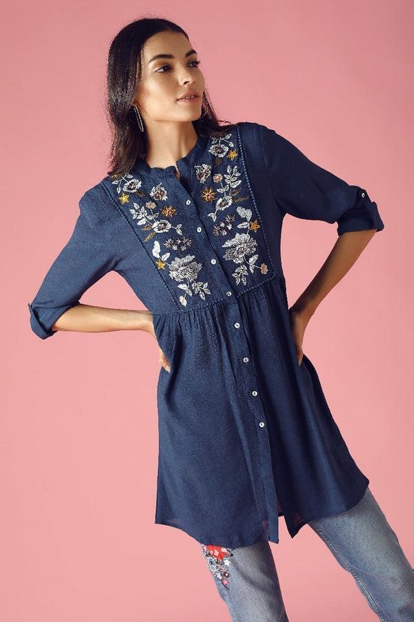 gipsy GIPSY Womens Mandarin Collar Embellished Tunic Blue