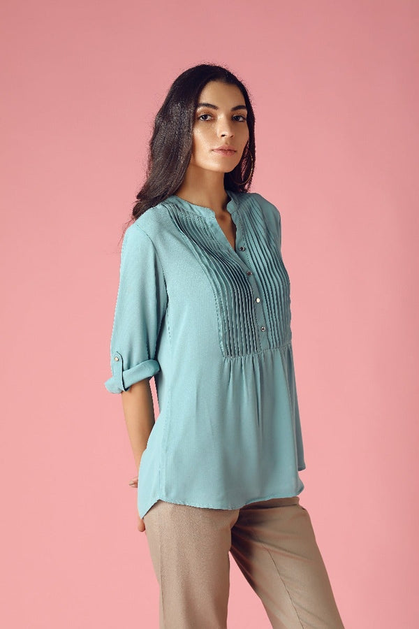 Gipsy GIPSY Womens Mandarin Collar Solid Pintuck Tunic Sage