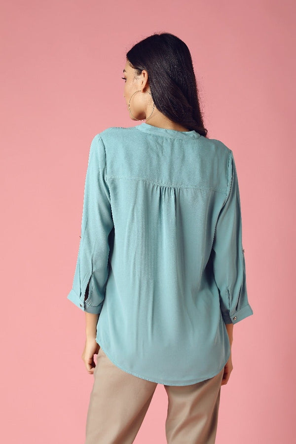 Gipsy GIPSY Womens Mandarin Collar Solid Pintuck Tunic Sage