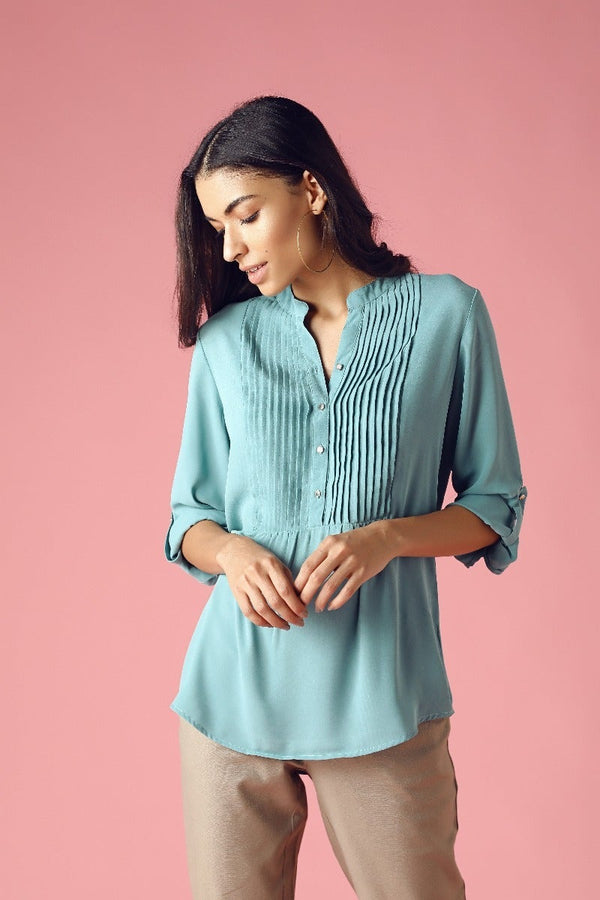 gipsy GIPSY Womens Mandarin Collar Solid Pintuck Tunic Sage